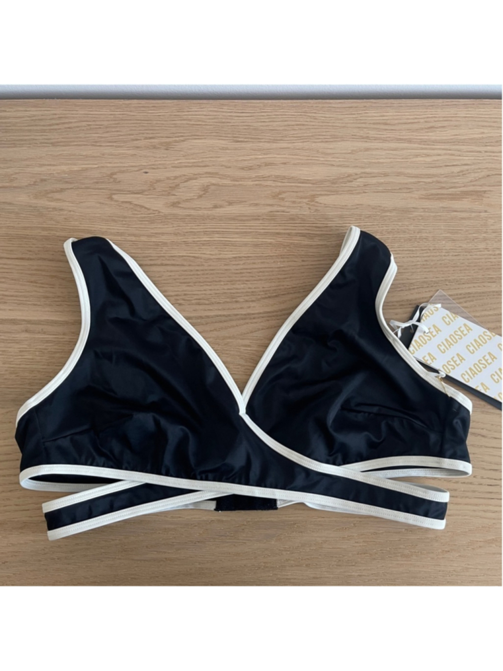 Ciao Sea Black Bikini top with White Trim wrap large neutral classy trendy